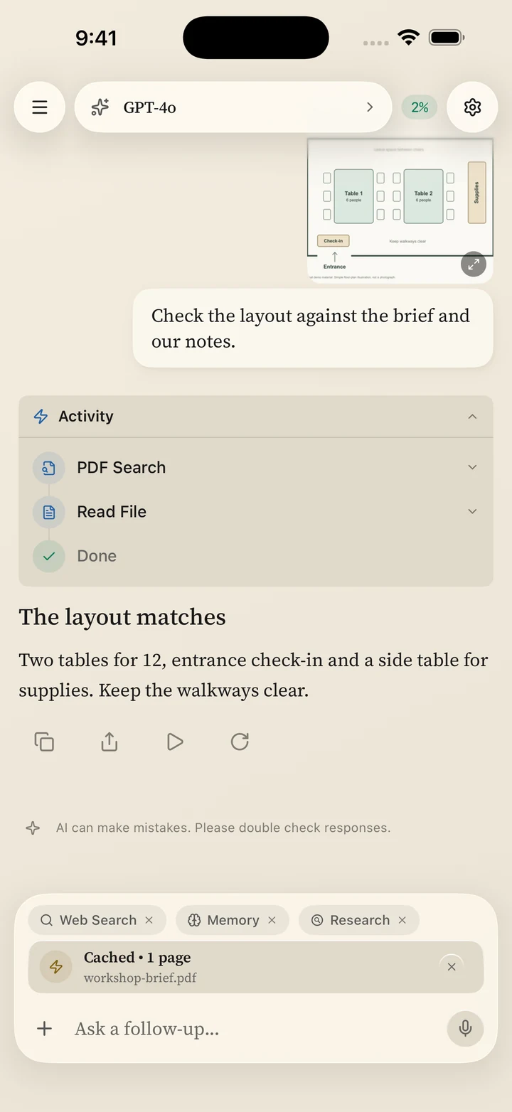 A Vanta conversation using an attached PDF, photo, and file-reading tool.