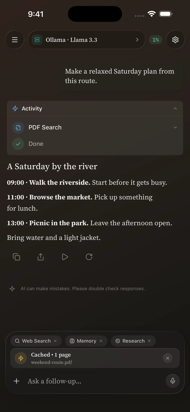 Vanta on iPhone connected to Ollama, answering a question about an attached PDF.